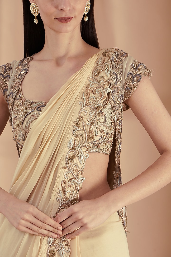 Champagne Satin Silk Embroidered Draped Sharara Bridal Saree Set by Rashi Kapoor at Pernia's Pop Up Shop