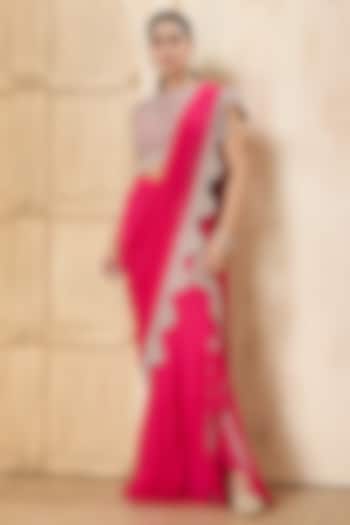 Hot Pink Georgette Draped Reception Saree Set by Rashi Kapoor at Pernia's Pop Up Shop