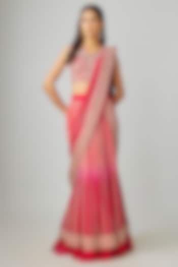 Red Shaded Chiffon & Organza Embellished Draped Skirt Set by Rashi Kapoor at Pernia's Pop Up Shop