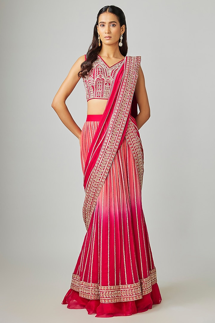 Red Shaded Chiffon & Organza Embellished Draped Skirt Set by Rashi Kapoor at Pernia's Pop Up Shop