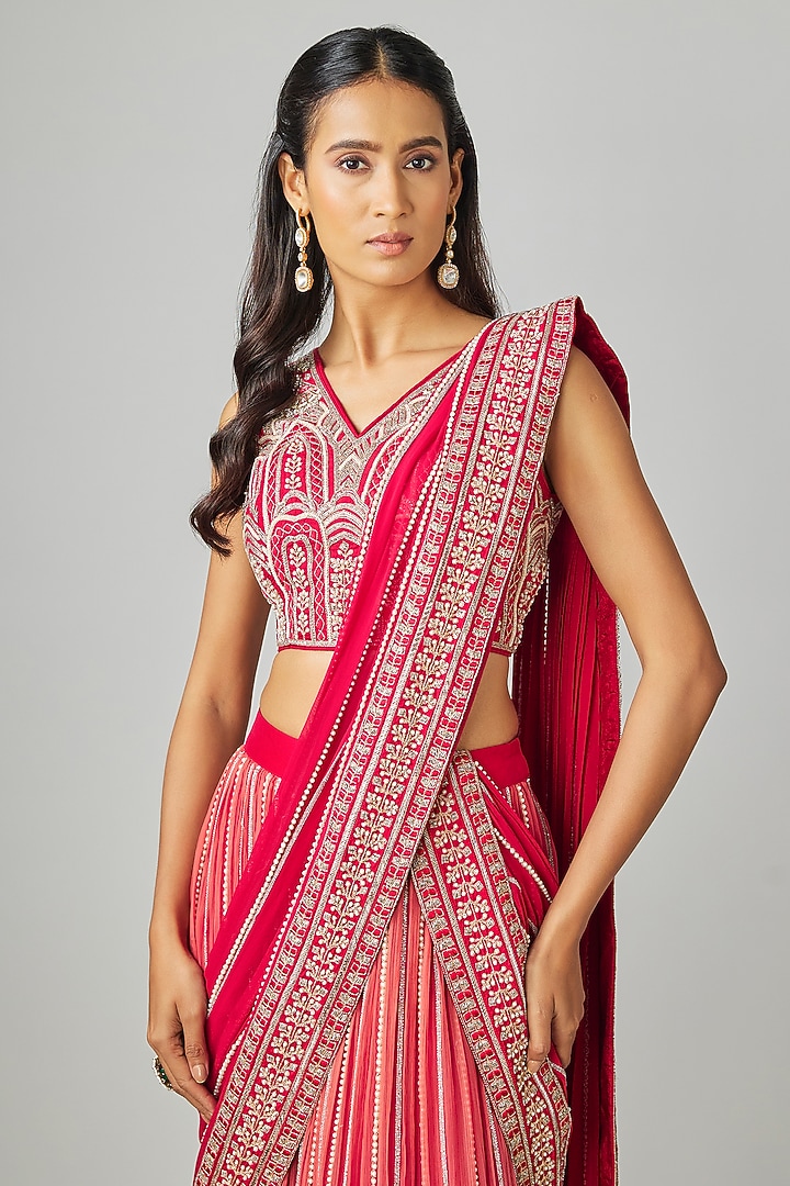 Red Shaded Chiffon & Organza Embellished Draped Skirt Set by Rashi Kapoor at Pernia's Pop Up Shop