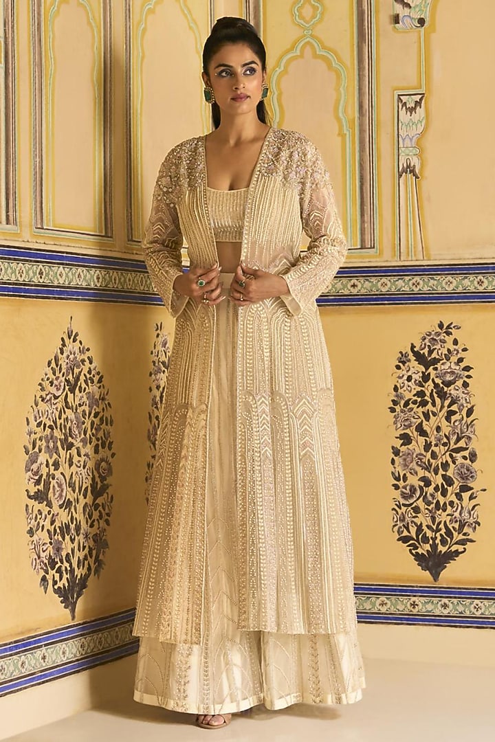 Ivory Net Pearl Hand Embroidered Jacket Set by Rashi Kapoor at Pernia's Pop Up Shop