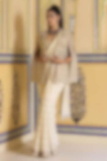 Ivory Georgette Cutdana Hand Embroidered Draped Bridal Saree Set by Rashi Kapoor at Pernia's Pop Up Shop