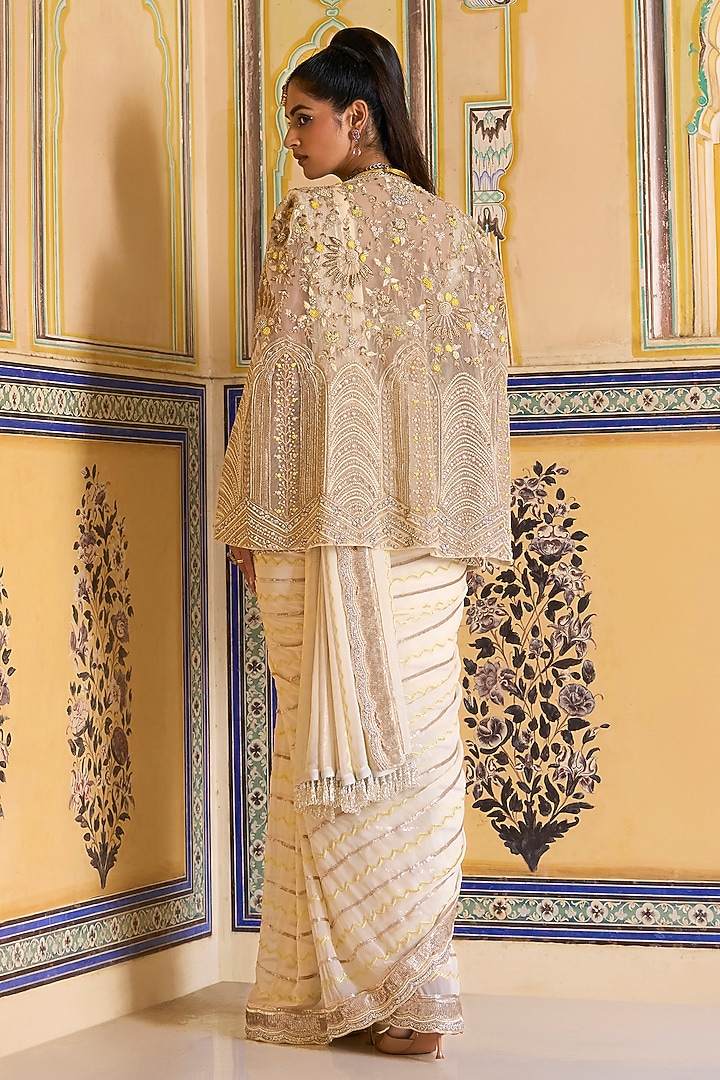 Ivory Georgette Cutdana Hand Embroidered Draped Bridal Saree Set by Rashi Kapoor at Pernia's Pop Up Shop