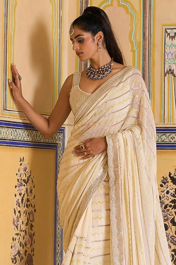 Ivory Georgette Cutdana Hand Embroidered Draped Bridal Saree Set by Rashi Kapoor at Pernia's Pop Up Shop