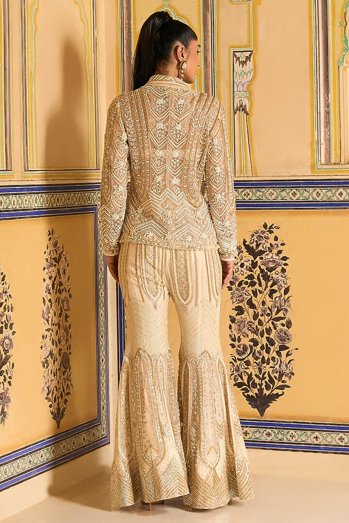 Ivory Net Embroidered Flared Bridal Sharara Set by Rashi Kapoor at Pernia's Pop Up Shop