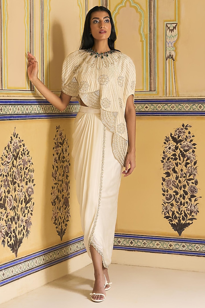 Ivory Satin Draped Skirt Set by Rashi Kapoor at Pernia's Pop Up Shop