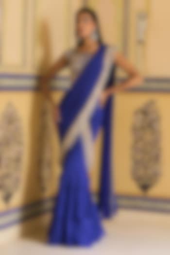 Royal Blue Georgette Hand Embroidered Layered Draped Skirt Reception Saree Set by Rashi Kapoor at Pernia's Pop Up Shop