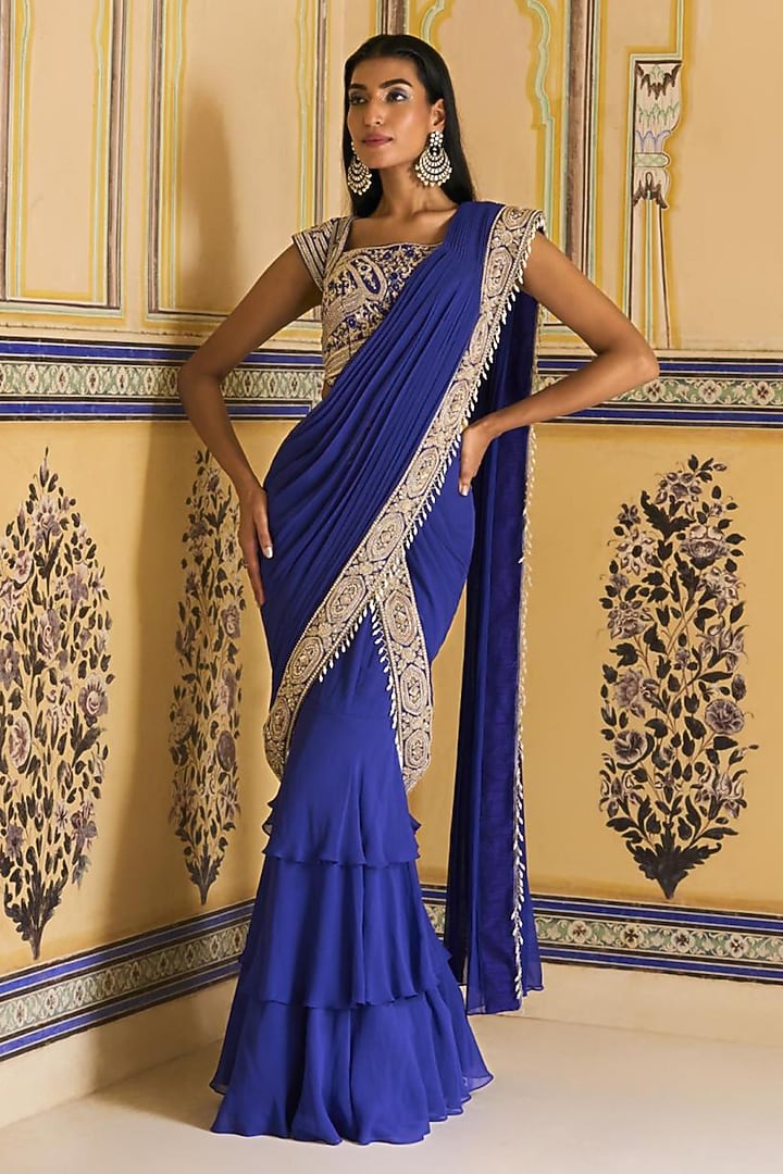 Royal Blue Georgette Hand Embroidered Layered Draped Skirt Reception Saree Set by Rashi Kapoor at Pernia's Pop Up Shop
