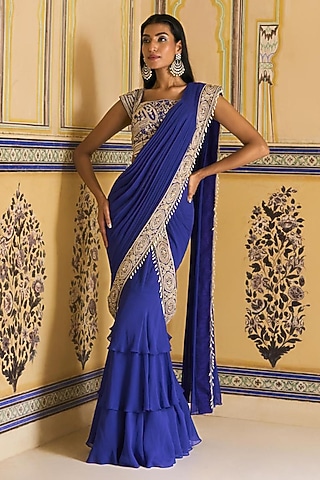 Royal Blue Georgette Hand Embroidered Layered Draped Skirt Saree Set by Rashi Kapoor