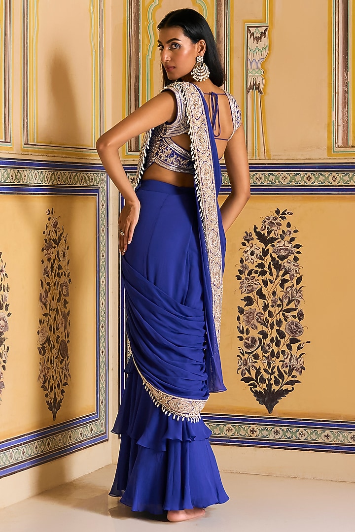 Royal Blue Georgette Hand Embroidered Layered Draped Skirt Reception Saree Set by Rashi Kapoor at Pernia's Pop Up Shop