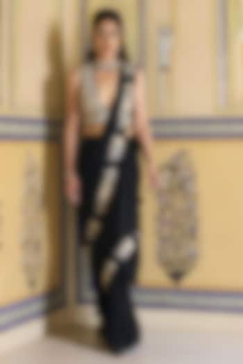 Black Georgette Hand Embroidered Draped Skirt Reception Saree Set by Rashi Kapoor at Pernia's Pop Up Shop