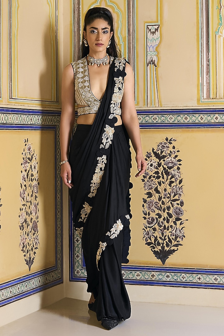 Black Georgette Hand Embroidered Draped Skirt Reception Saree Set by Rashi Kapoor at Pernia's Pop Up Shop