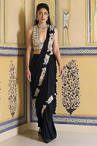 Black Georgette Hand Embroidered Draped Skirt Saree Set by Rashi Kapoor