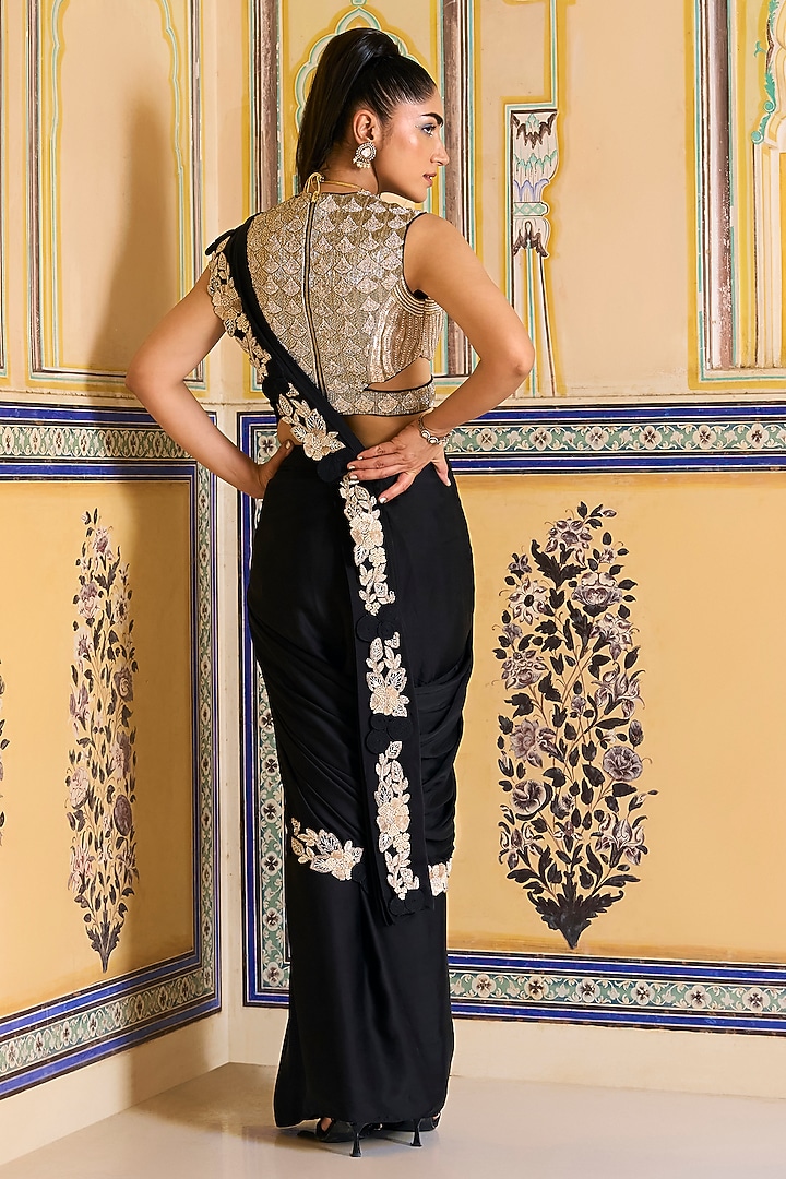 Black Georgette Hand Embroidered Draped Skirt Reception Saree Set by Rashi Kapoor at Pernia's Pop Up Shop
