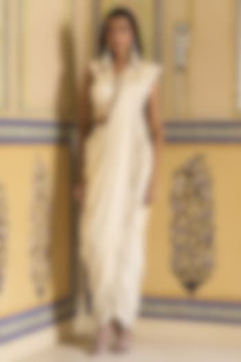 Ivory Silk Satin Hand Embroidered Draped Skirt Reception Saree Set by Rashi Kapoor at Pernia's Pop Up Shop