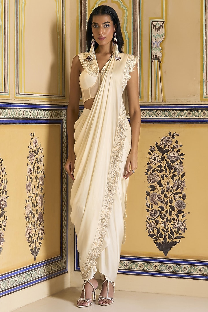 Ivory Silk Satin Hand Embroidered Draped Skirt Reception Saree Set by Rashi Kapoor at Pernia's Pop Up Shop