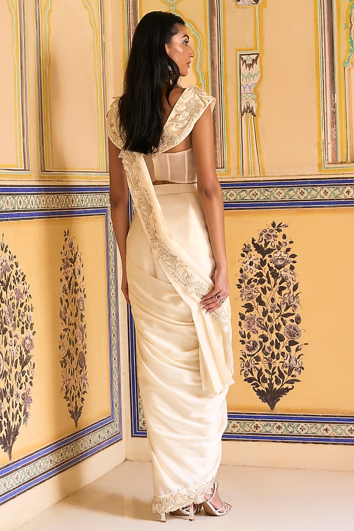 Ivory Silk Satin Hand Embroidered Draped Skirt Reception Saree Set by Rashi Kapoor at Pernia's Pop Up Shop