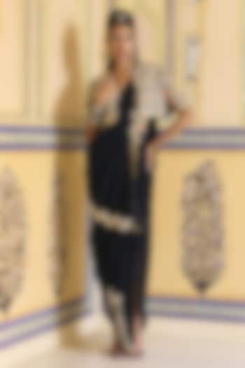 Black Georgette Hand Embroidered Draped Skirt Reception Saree Set by Rashi Kapoor at Pernia's Pop Up Shop
