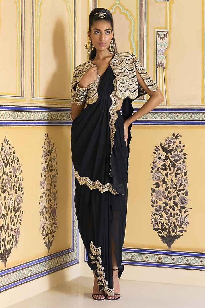 Black Georgette Hand Embroidered Draped Skirt Reception Saree Set by Rashi Kapoor at Pernia's Pop Up Shop