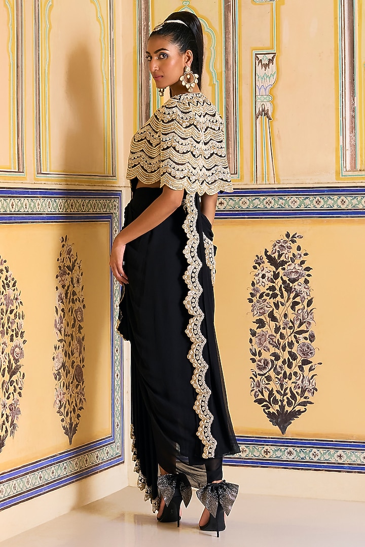 Black Georgette Hand Embroidered Draped Skirt Reception Saree Set by Rashi Kapoor at Pernia's Pop Up Shop