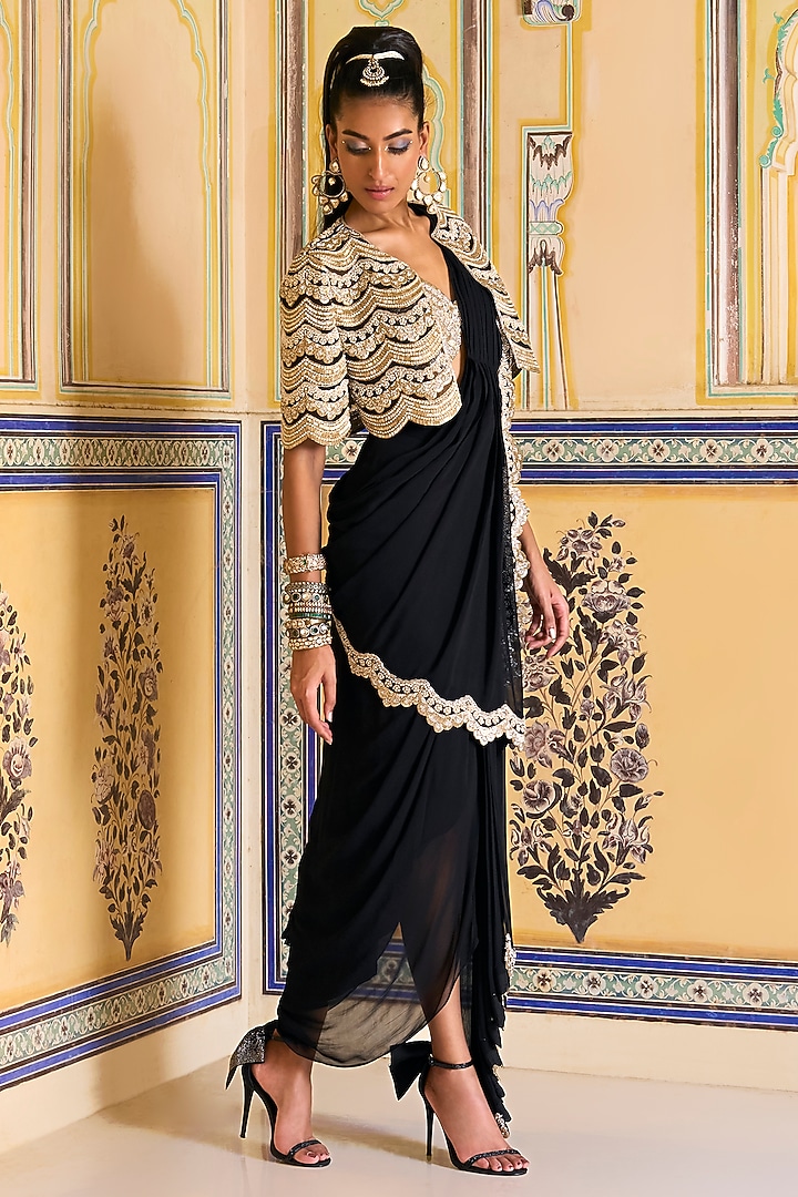 Black Georgette Hand Embroidered Draped Skirt Reception Saree Set by Rashi Kapoor at Pernia's Pop Up Shop