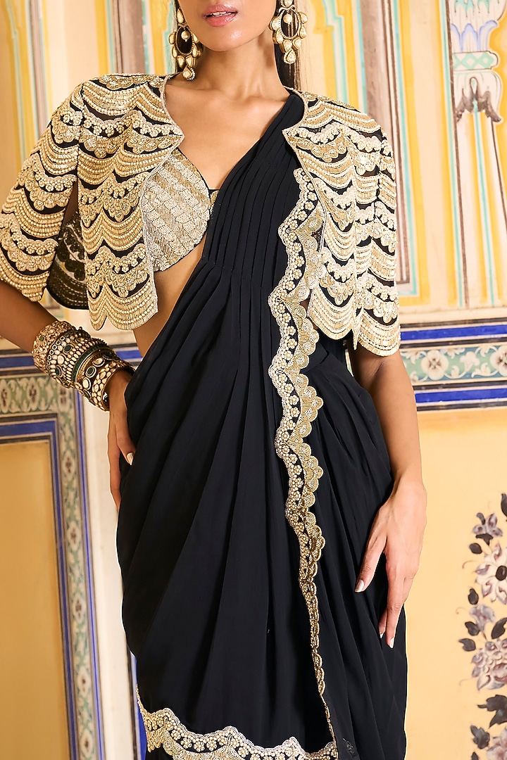Black Georgette Hand Embroidered Draped Skirt Reception Saree Set by Rashi Kapoor at Pernia's Pop Up Shop