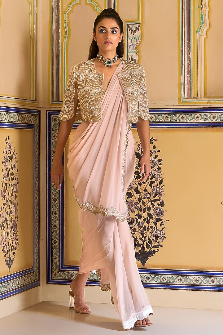 Pink Georgette Hand Embroidered Draped Skirt Reception Saree Set by Rashi Kapoor at Pernia's Pop Up Shop