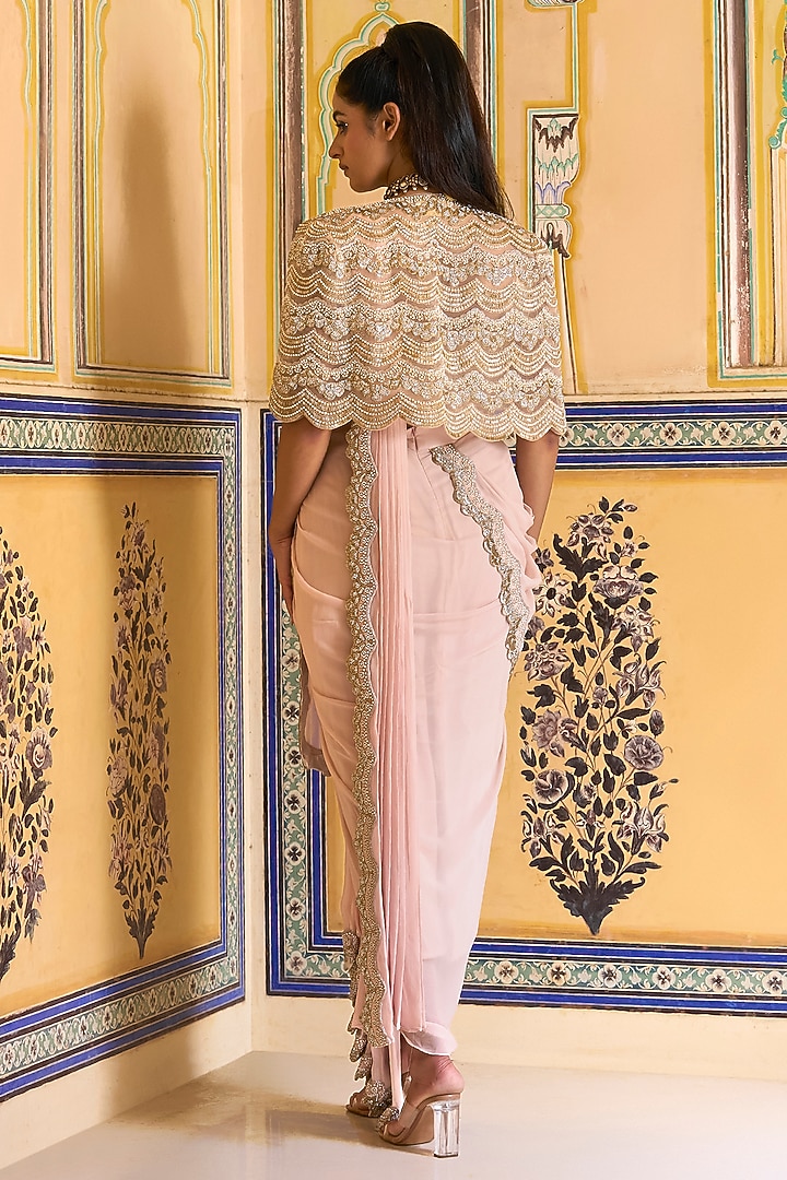 Pink Georgette Hand Embroidered Draped Skirt Reception Saree Set by Rashi Kapoor at Pernia's Pop Up Shop
