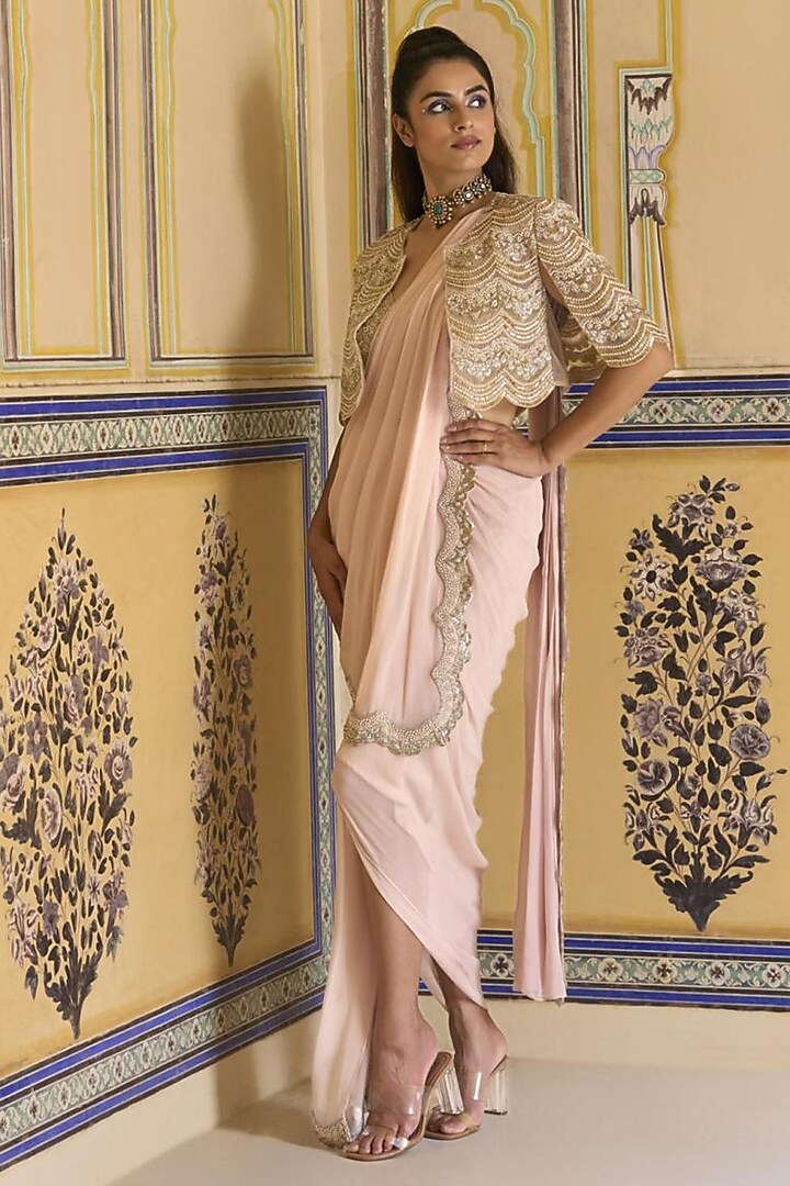 Pink Georgette Hand Embroidered Draped Skirt Reception Saree Set by Rashi Kapoor at Pernia's Pop Up Shop