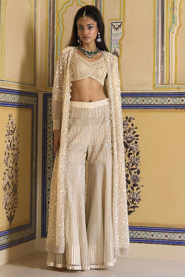 Ivory Net Hand Embroidered Bridal Sharara Set by Rashi Kapoor at Pernia's Pop Up Shop