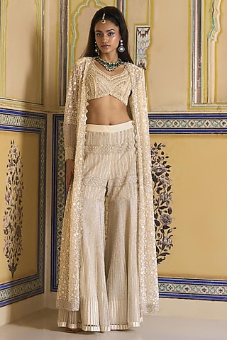 Ivory Net Hand Embroidered Sharara Set by Rashi Kapoor