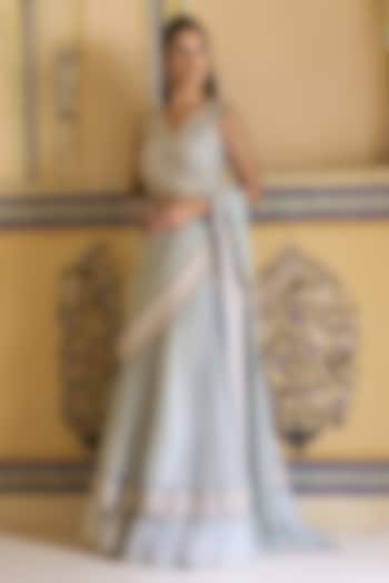 Powder Blue Organza Embellished Draped Skirt Bridal Saree Set by Rashi Kapoor at Pernia's Pop Up Shop