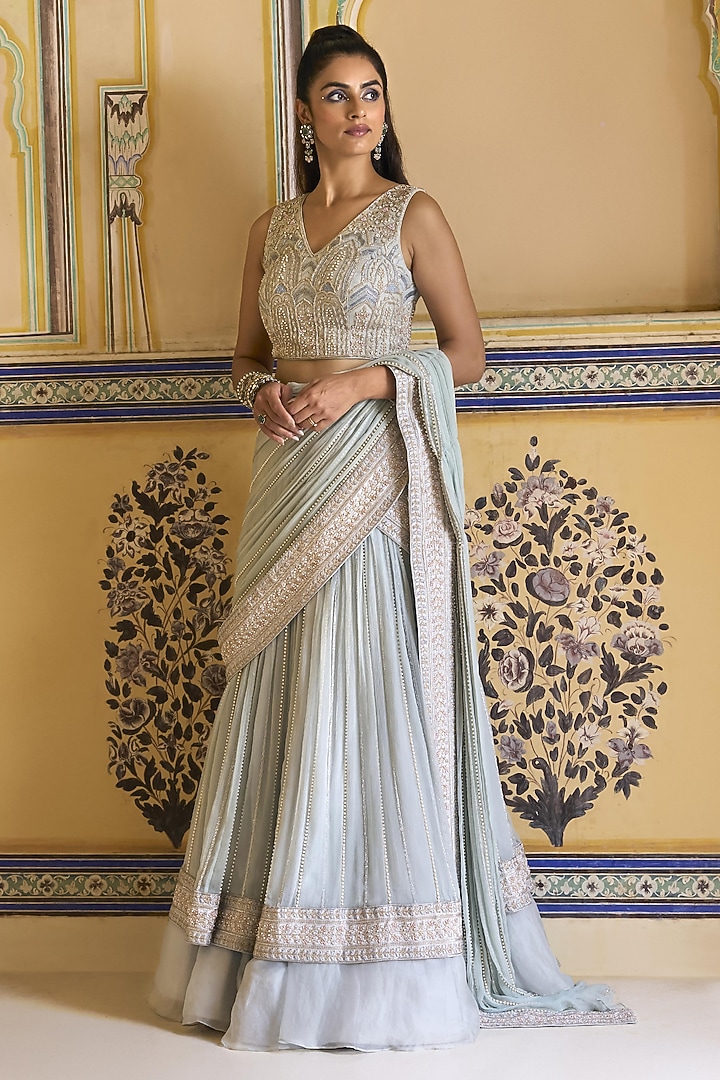 Powder Blue Organza Embellished Draped Skirt Bridal Saree Set by Rashi Kapoor at Pernia's Pop Up Shop