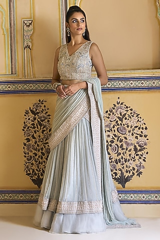 Powder Blue Organza Embellished Draped Skirt Saree Set by Rashi Kapoor