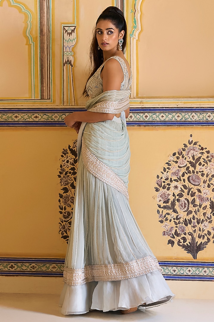 Powder Blue Organza Embellished Draped Skirt Bridal Saree Set by Rashi Kapoor at Pernia's Pop Up Shop