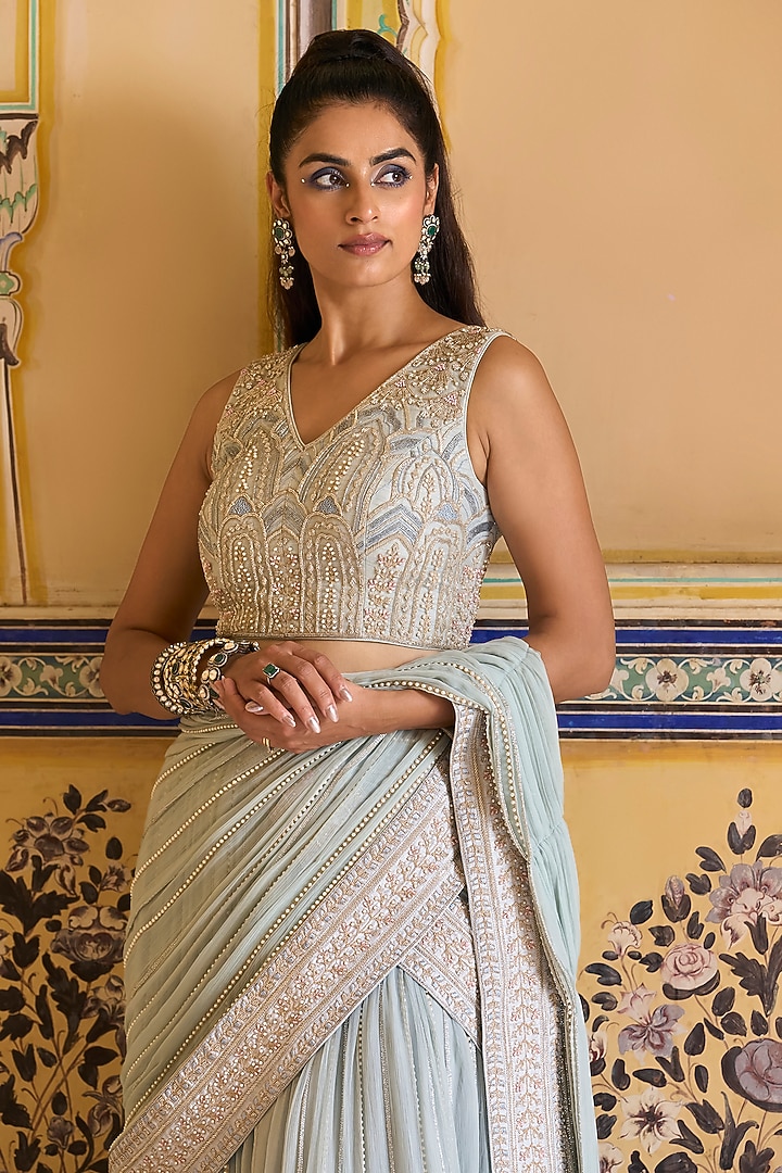 Powder Blue Organza Embellished Draped Skirt Bridal Saree Set by Rashi Kapoor at Pernia's Pop Up Shop