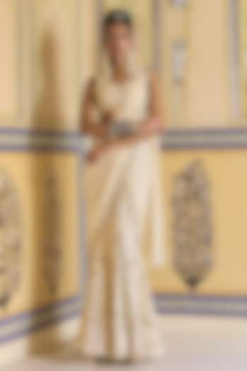 Ivory Georgette Hand Embellished Draped Skirt Reception Saree Set by Rashi Kapoor at Pernia's Pop Up Shop