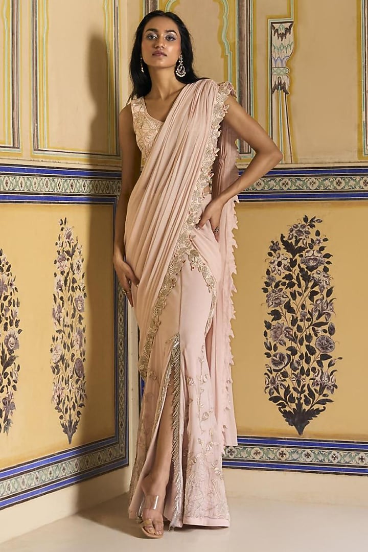Pink Georgette Hand Embellished Draped Skirt Reception Saree Set by Rashi Kapoor at Pernia's Pop Up Shop