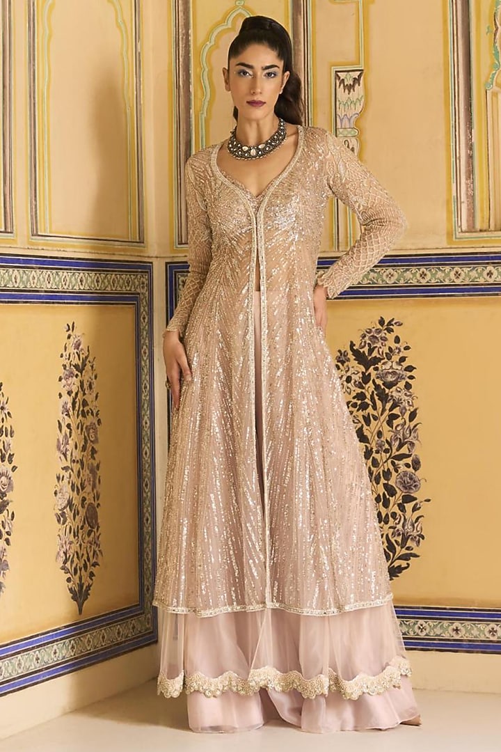 Pink Net Sequin Hand Embellished Jacket Set by Rashi Kapoor at Pernia's Pop Up Shop