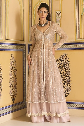 open lace back dress Light Pink Cotton Party Wear Dress with Shrug – South India Shopping Mall