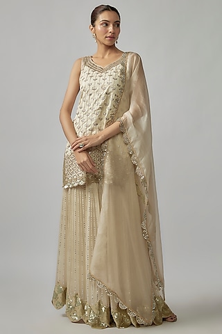 Ivory Georgette Embroidered Sharara Set by Rashi Kapoor