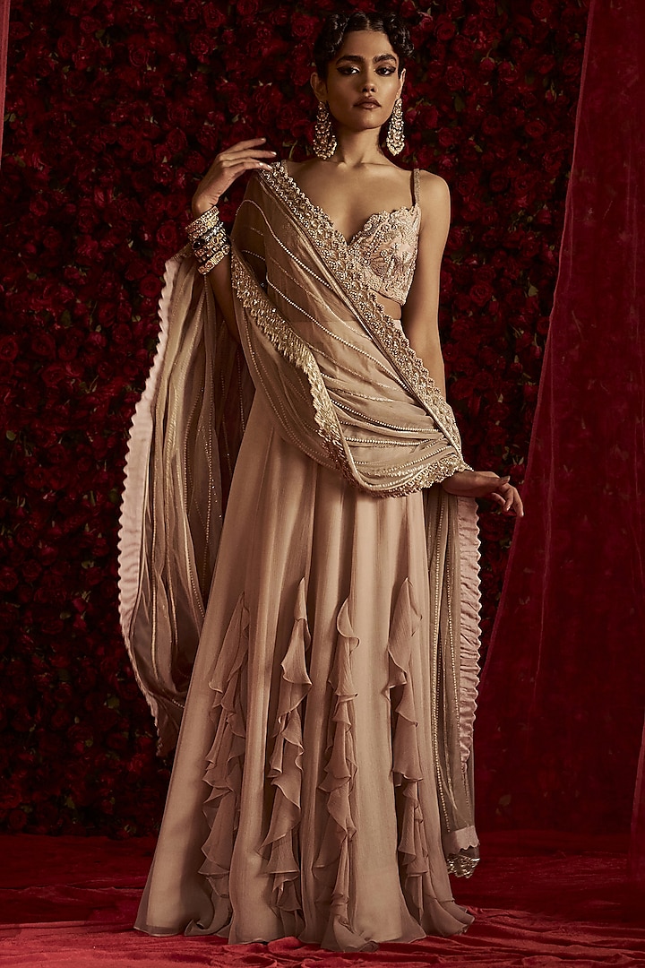 Taupe Chiffon Ruffled Bridal Lehenga Set by Rashi Kapoor at Pernia's Pop Up Shop