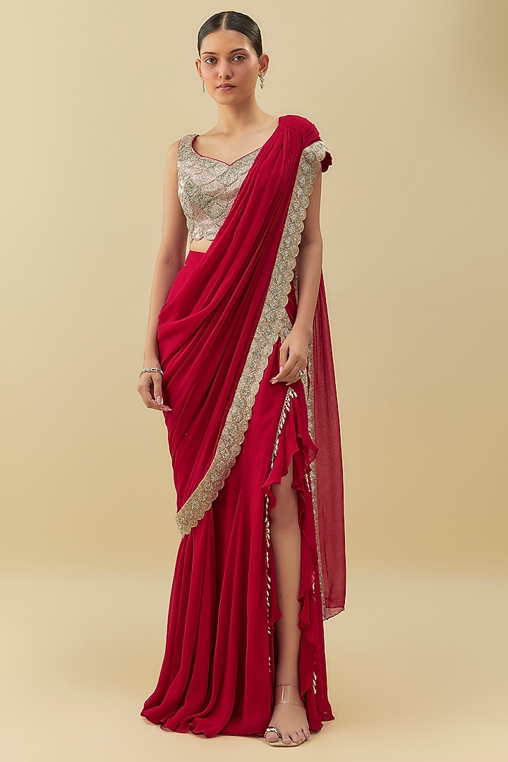 Red Georgette Hand Embroidered Skirt Reception Saree Set by Rashi Kapoor at Pernia's Pop Up Shop