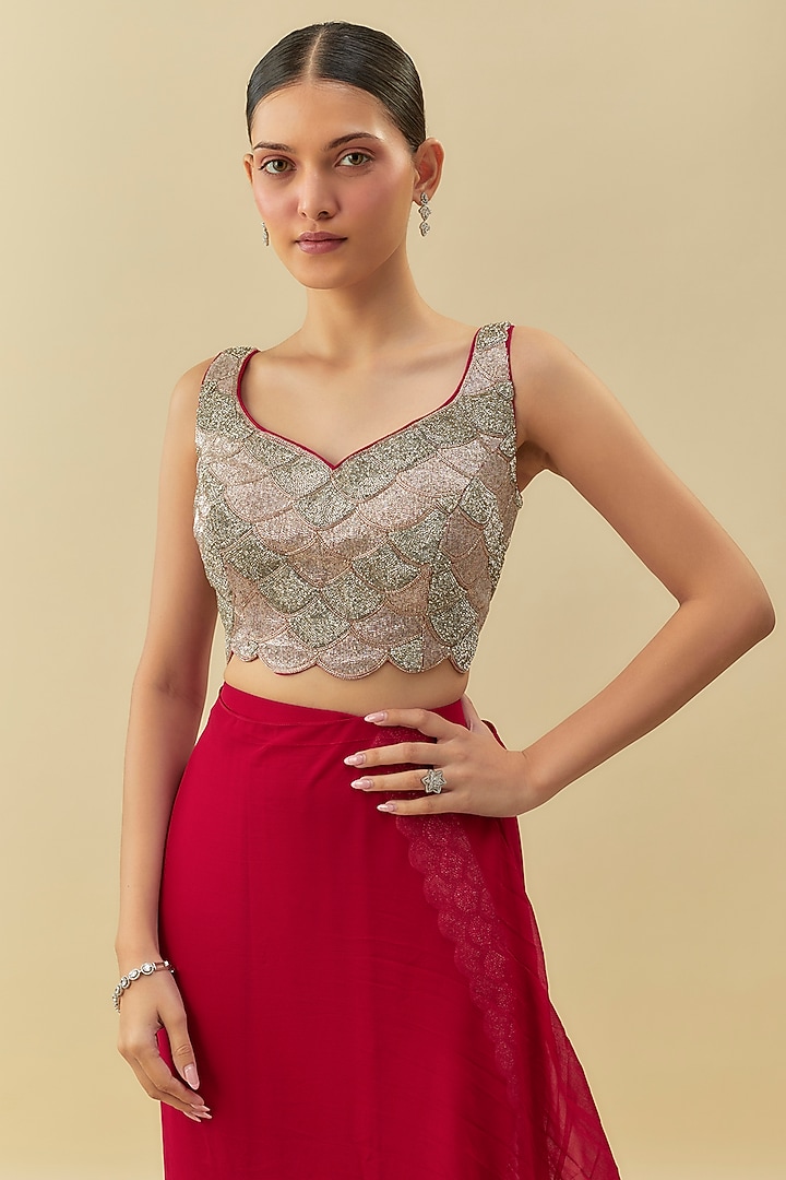 Red Georgette Hand Embroidered Skirt Reception Saree Set by Rashi Kapoor at Pernia's Pop Up Shop
