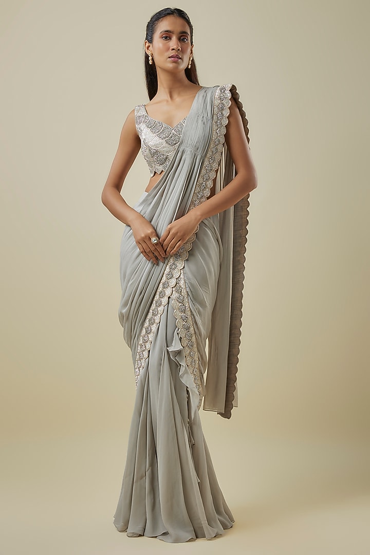 Grey Georgette Hand Embroidered Skirt Reception Saree Set by Rashi Kapoor at Pernia's Pop Up Shop