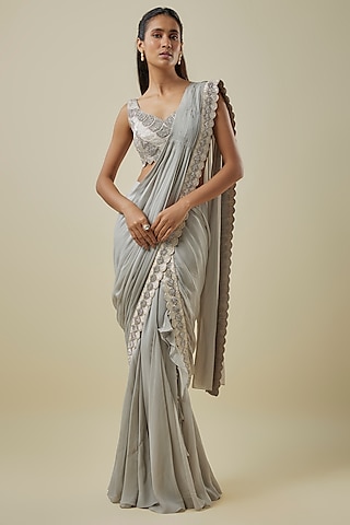 Grey Georgette Hand Embroidered Skirt Saree Set by Rashi Kapoor