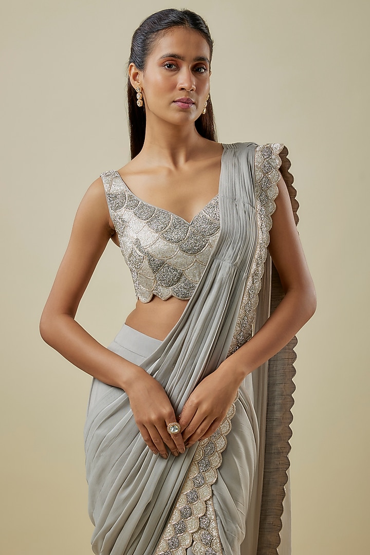 Grey Georgette Hand Embroidered Skirt Reception Saree Set by Rashi Kapoor at Pernia's Pop Up Shop
