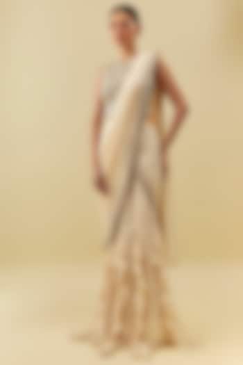 Ivory Georgette Ruffled Skirt Reception Saree Set by Rashi Kapoor at Pernia's Pop Up Shop
