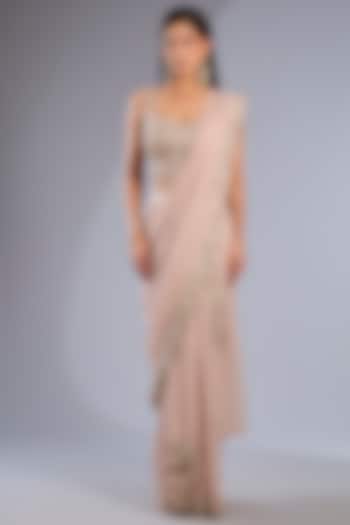 Taupe Silk Satin Hand Embroidered Skirt Reception Saree Set by Rashi Kapoor at Pernia's Pop Up Shop